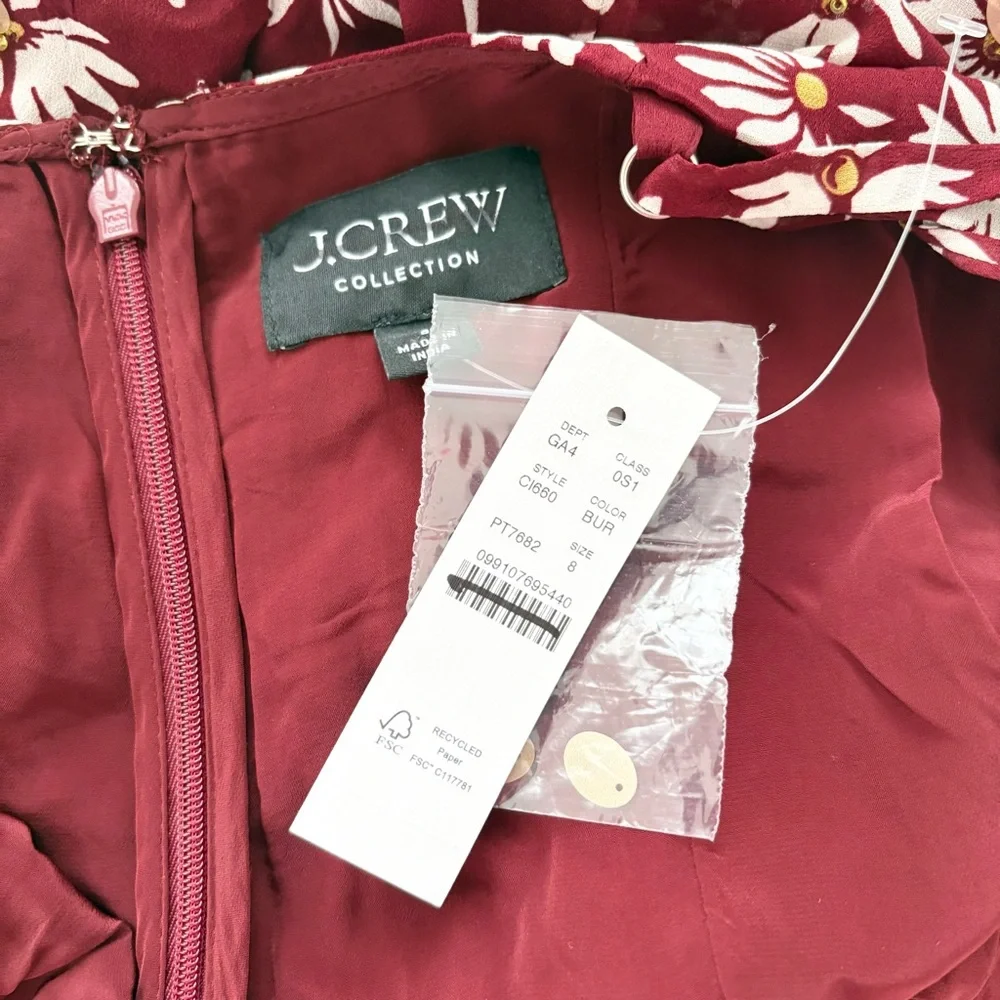 NWT J. Crew Collection Slip Dress Daisy-print Chiffon Burgundy Red